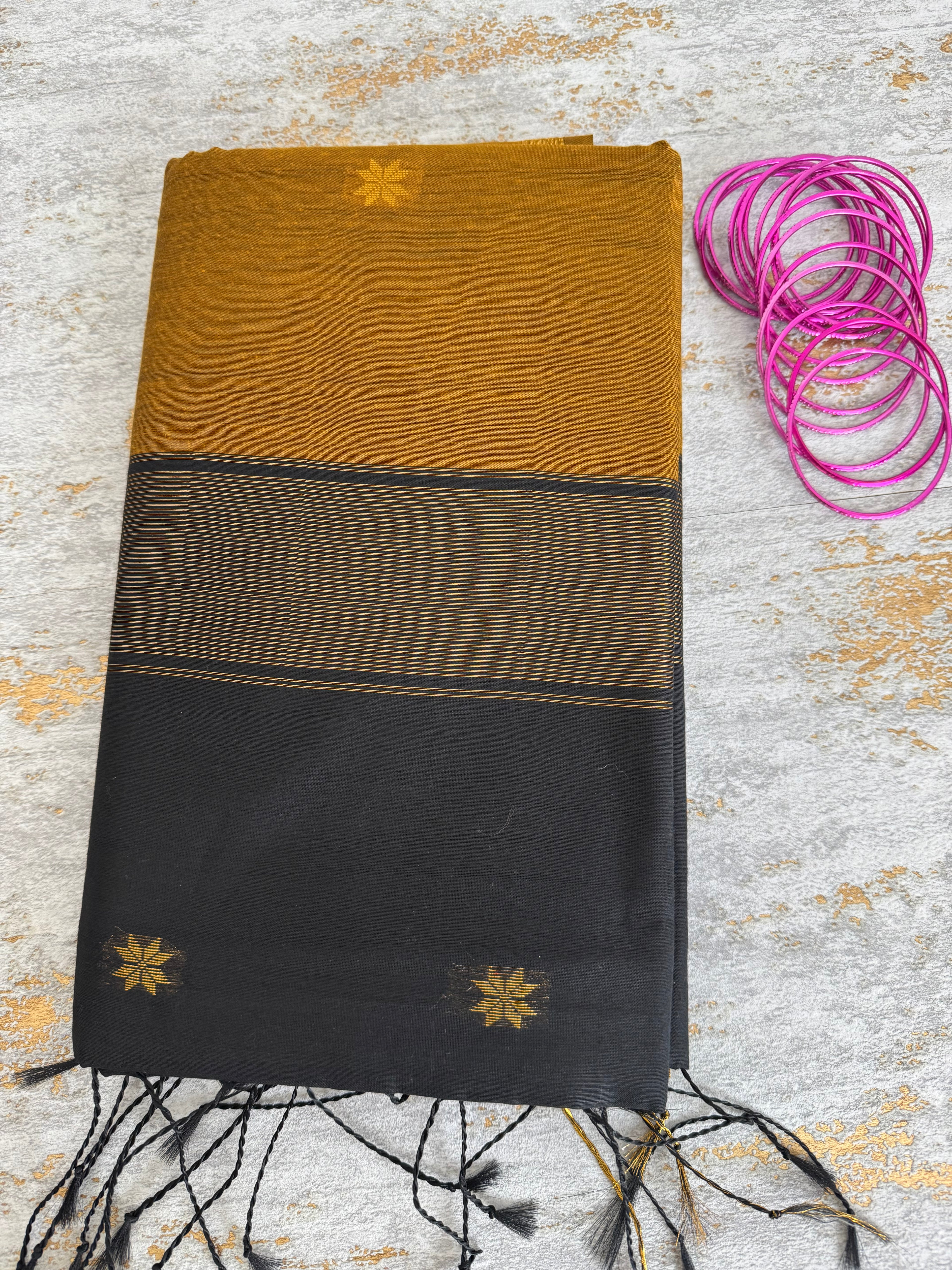 Mustard and black Maheshwari silk cotton saree
