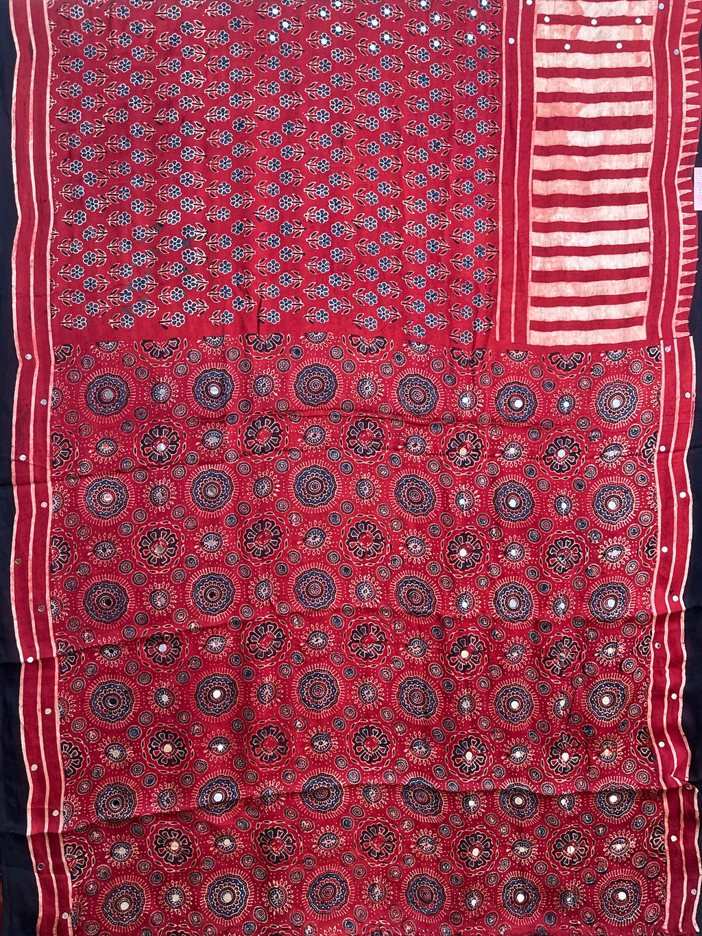 Red and black ajrak print modal silk saree