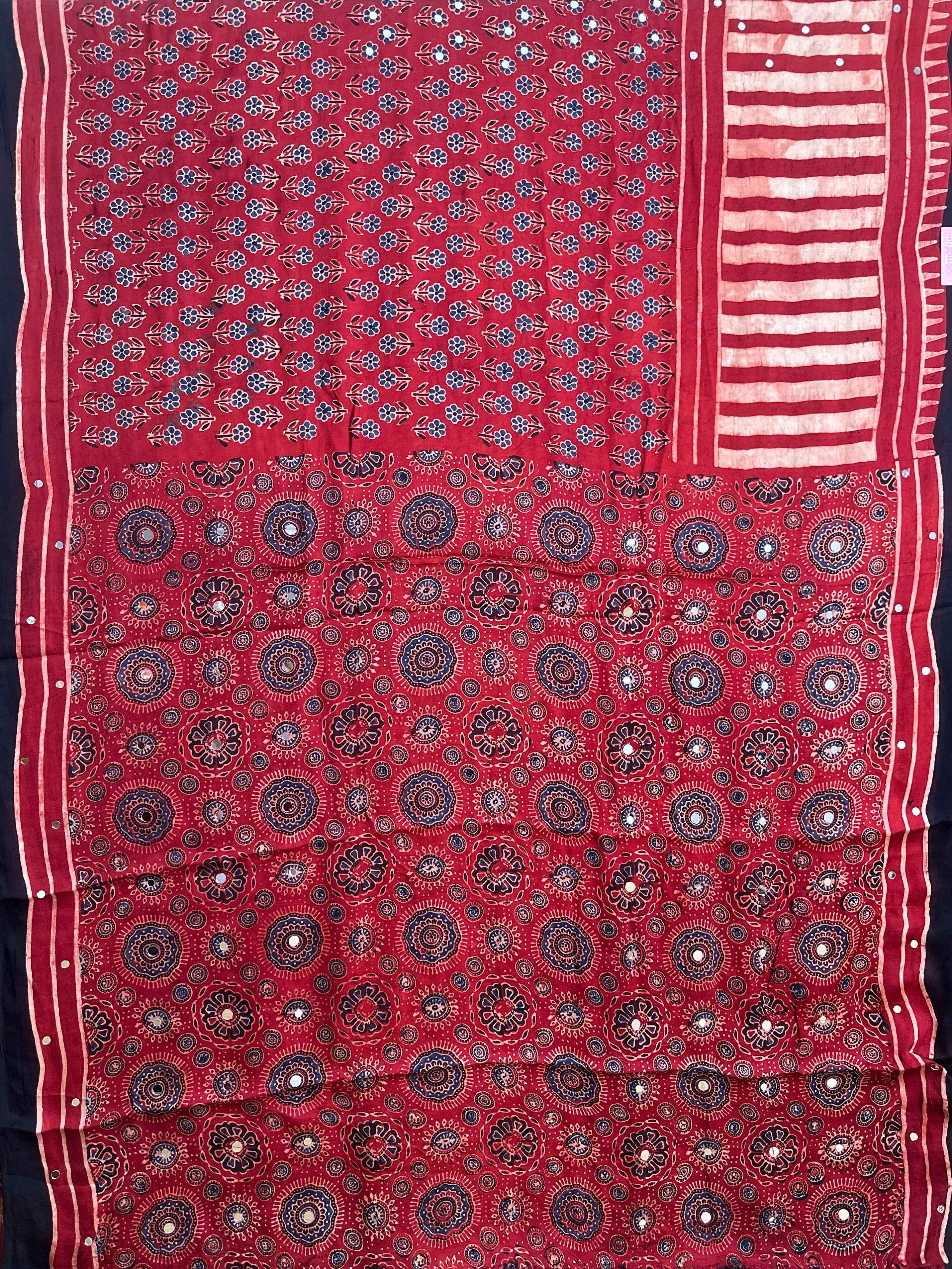 Red and black ajrak print modal silk saree