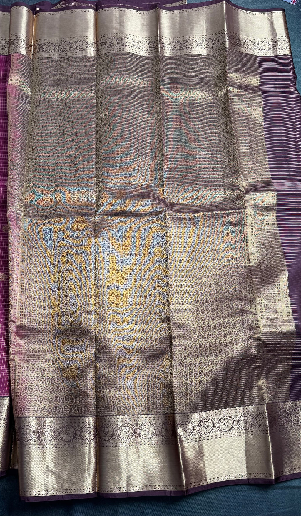 Maroon checked Kanchipuram silk saree