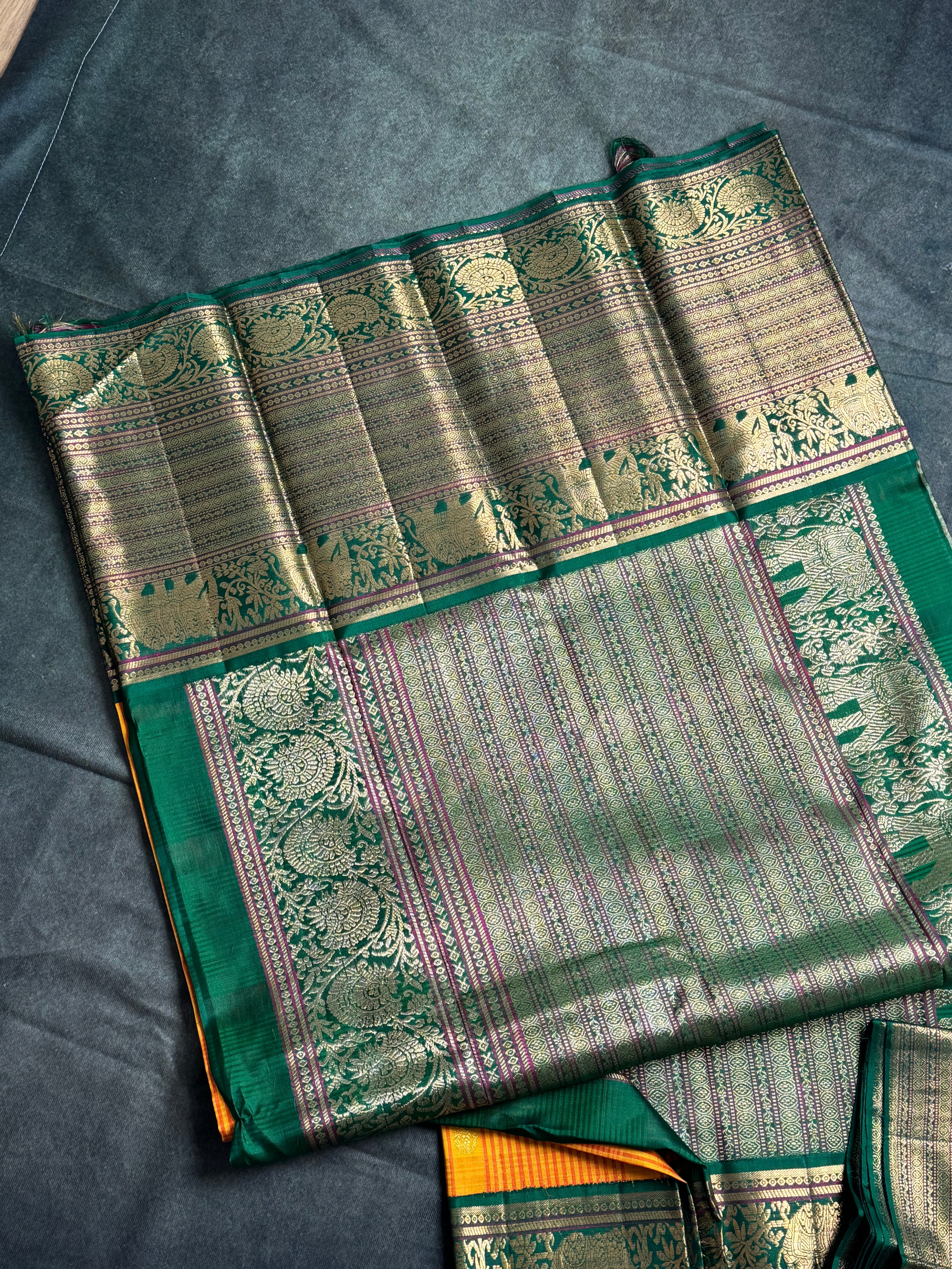 Pure Mulberry Silk Saree – Mampazham (mango) Yellow & Karun Pachai (Dark Green)