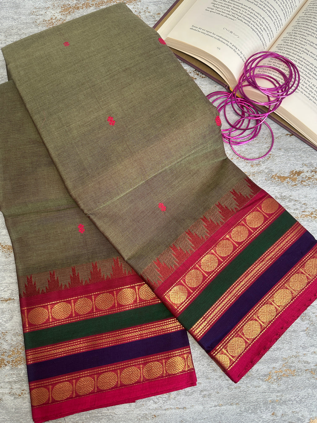 Olive green Kanchi cotton saree