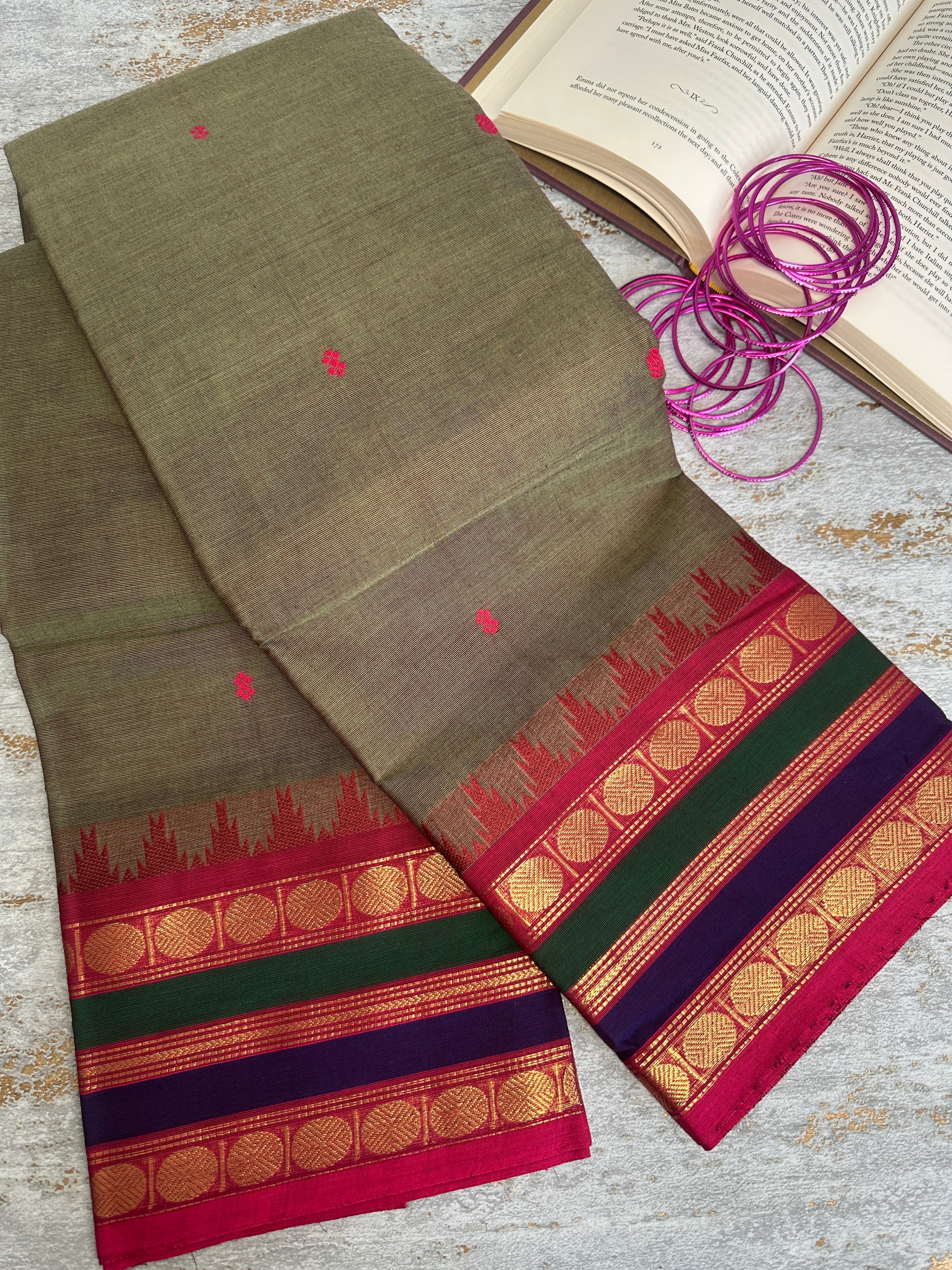 Olive green Kanchi cotton saree