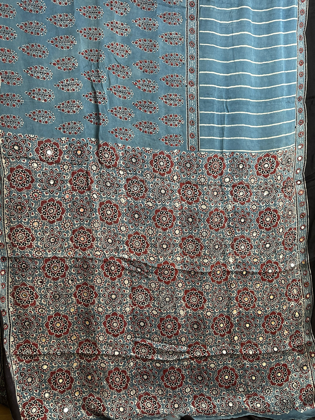 Light blue and maroon hand block printed modal silk mirror saree