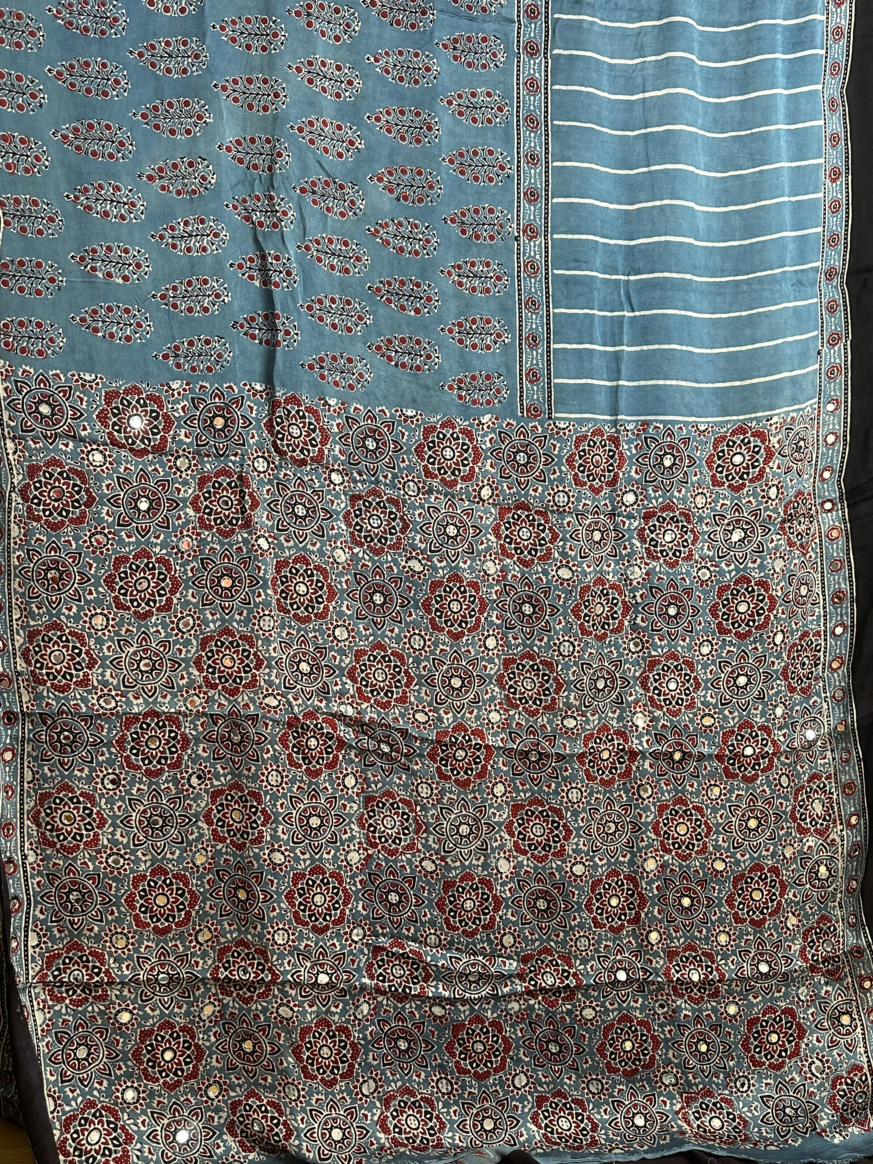 Light blue and maroon hand block printed modal silk mirror saree