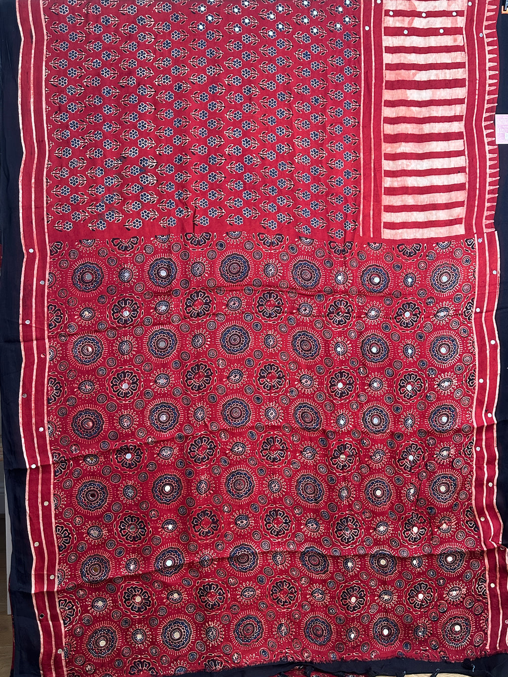 Red and black ajrak print modal silk saree