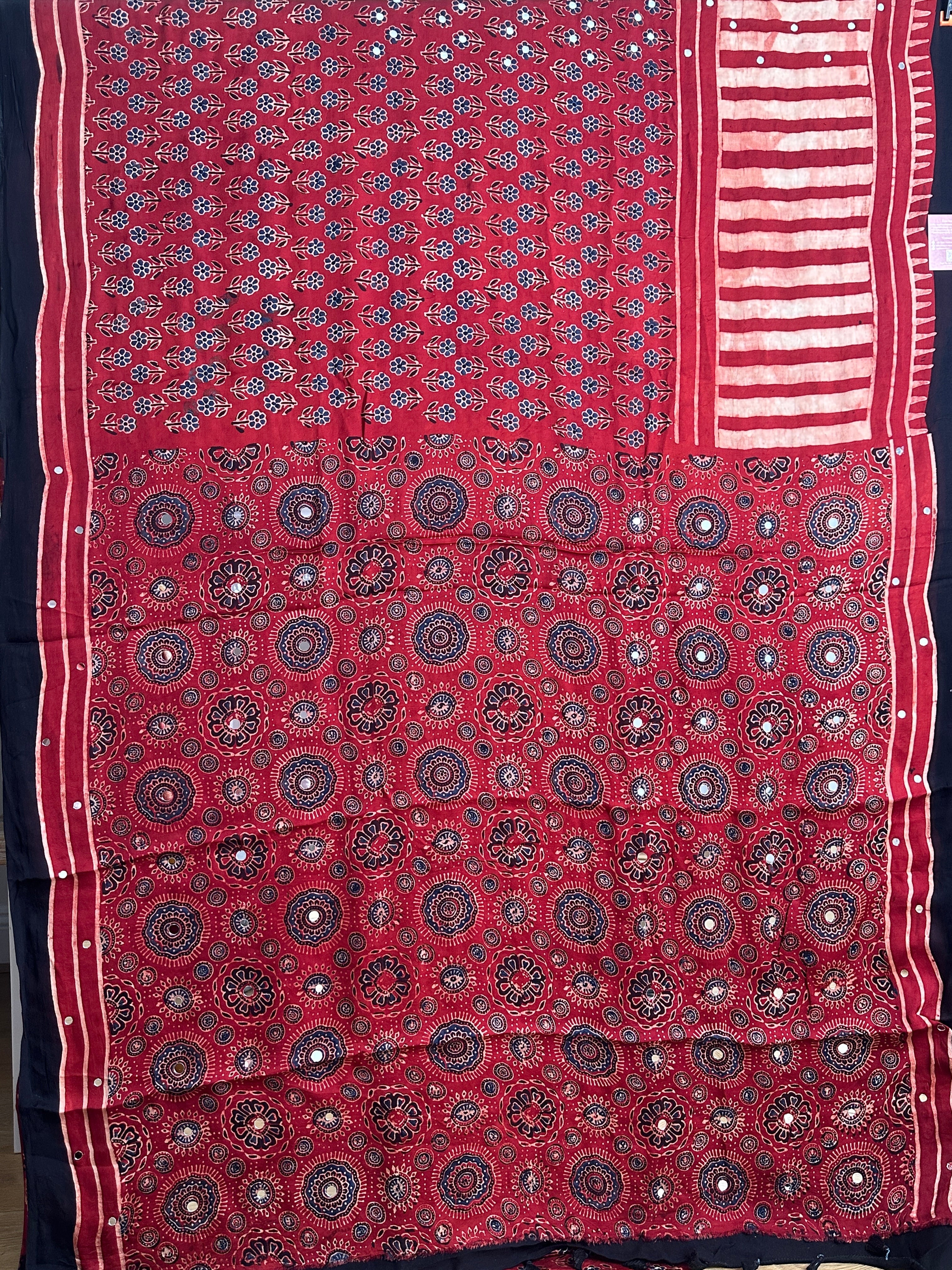 Red and black ajrak print modal silk saree