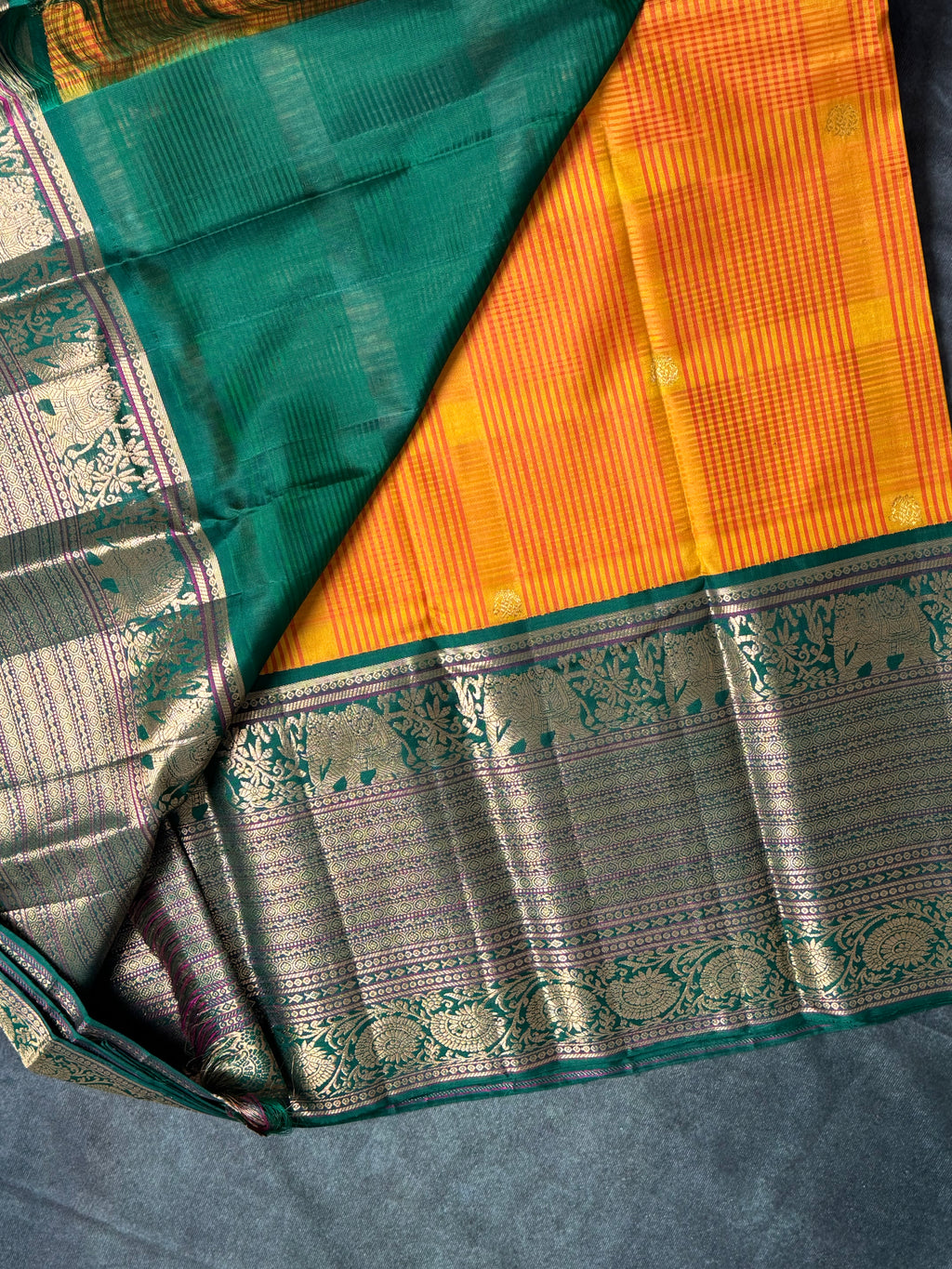 Pure Mulberry Silk Saree – Mampazham (mango) Yellow & Karun Pachai (Dark Green)