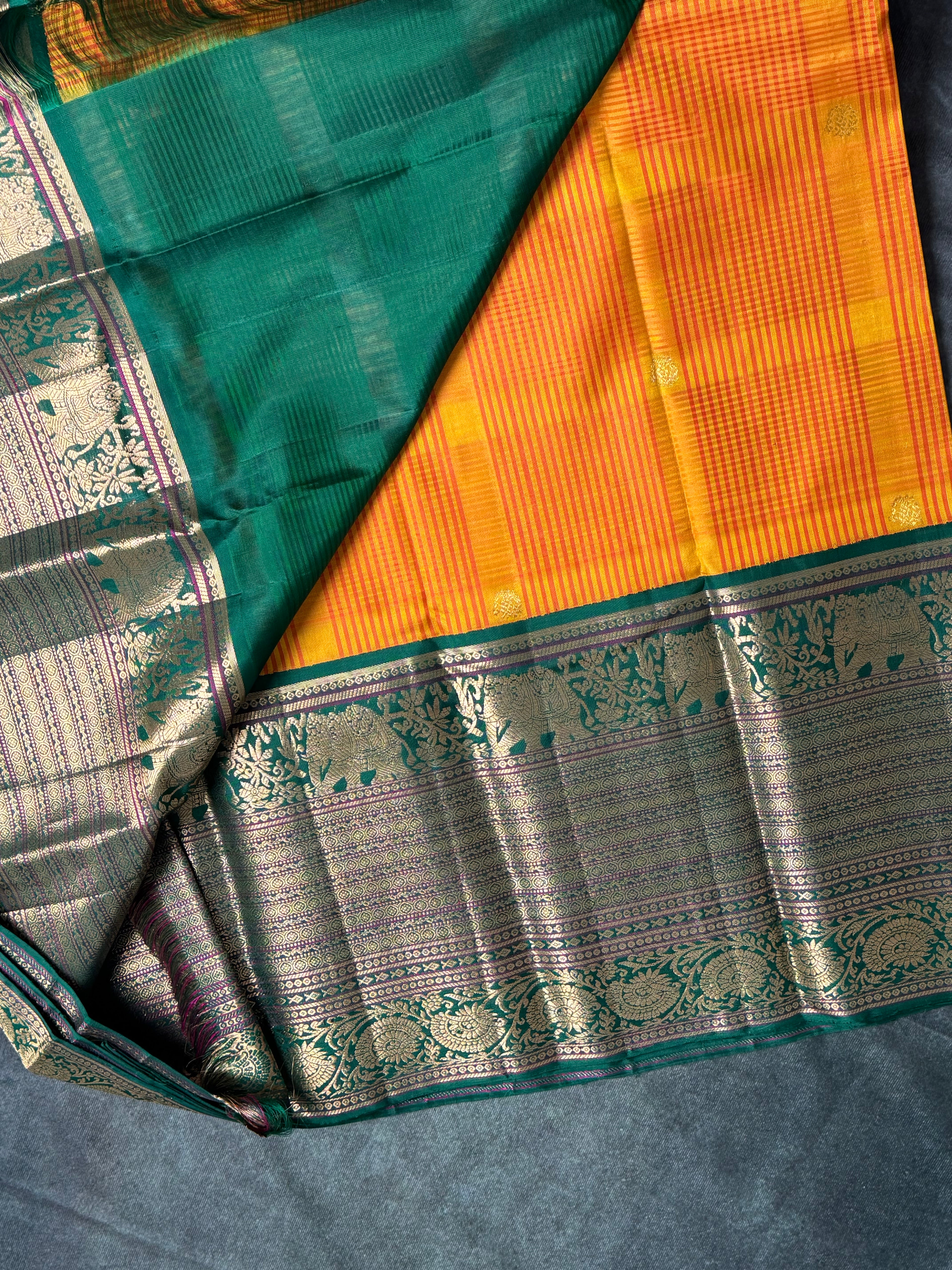 Pure Mulberry Silk Saree – Mampazham (mango) Yellow & Karun Pachai (Dark Green)