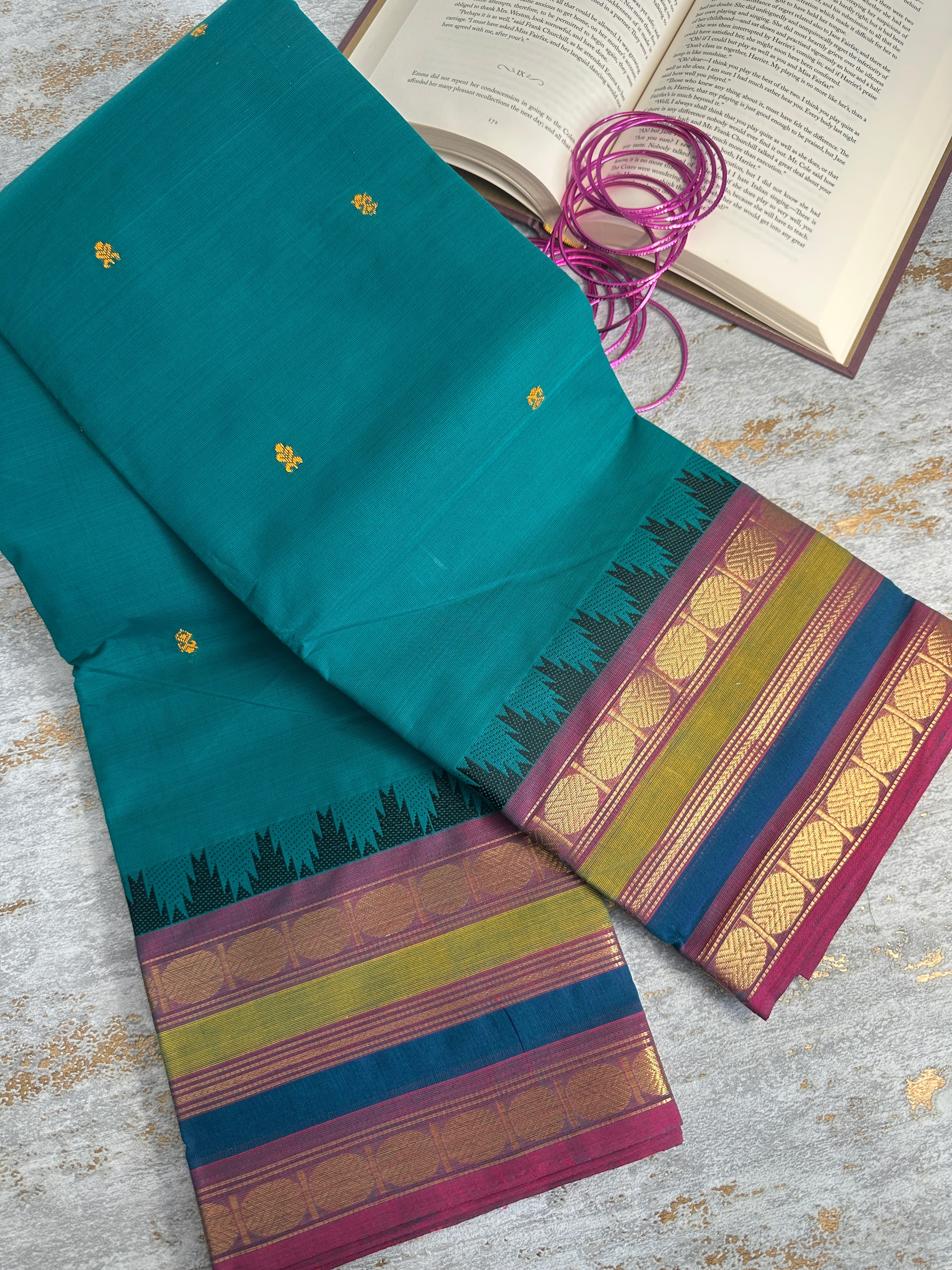 Teal green Kanchi cotton saree