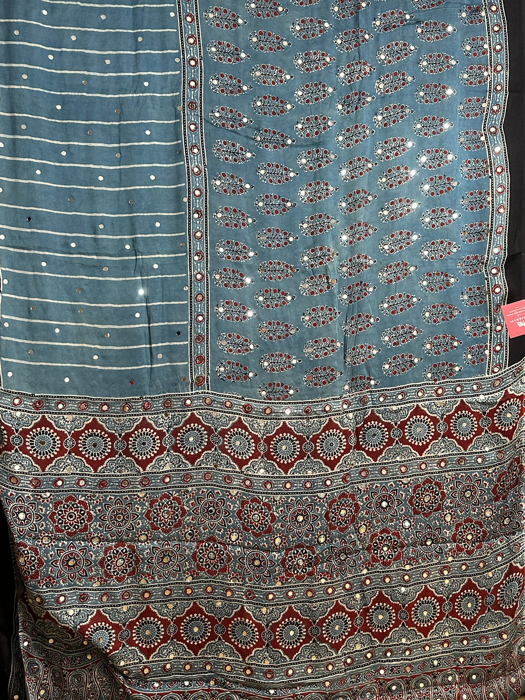 Light blue and maroon hand block printed modal silk mirror saree