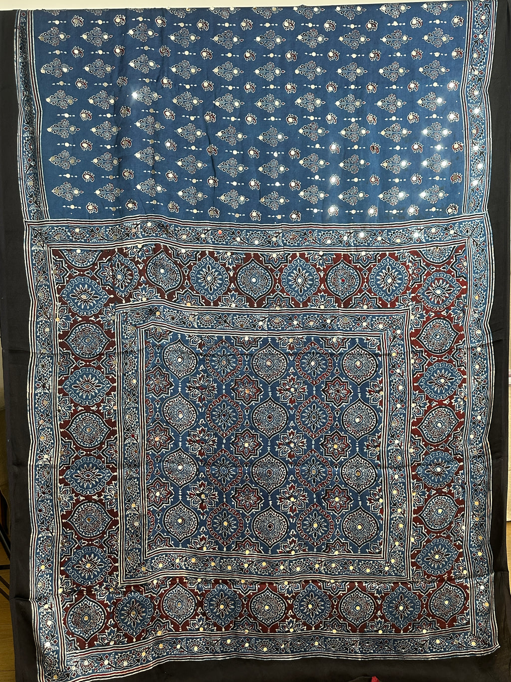 Dark blue hand block printed modal silk mirror work saree