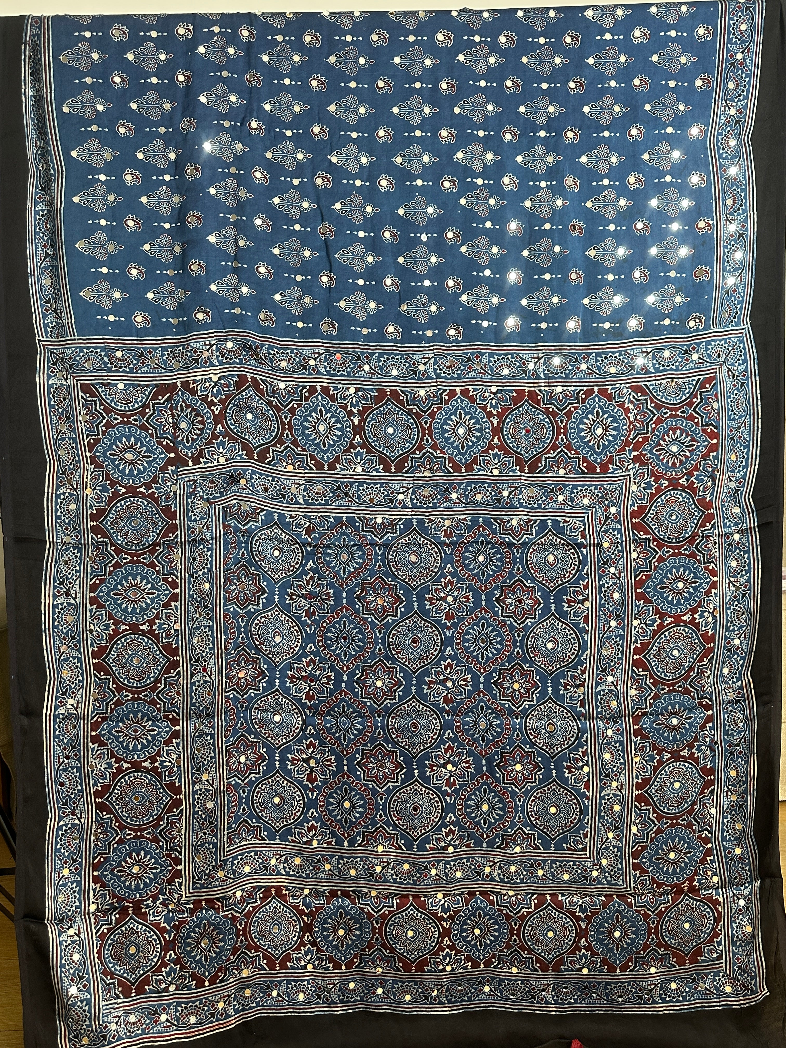 Dark blue hand block printed modal silk mirror work saree