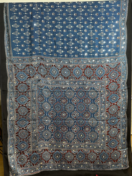 Dark blue hand block printed modal silk mirror work saree