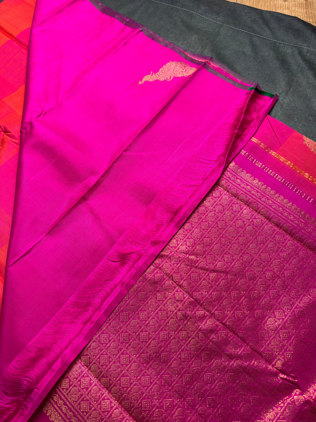 Pink and coral checks Kanchipuram silk saree