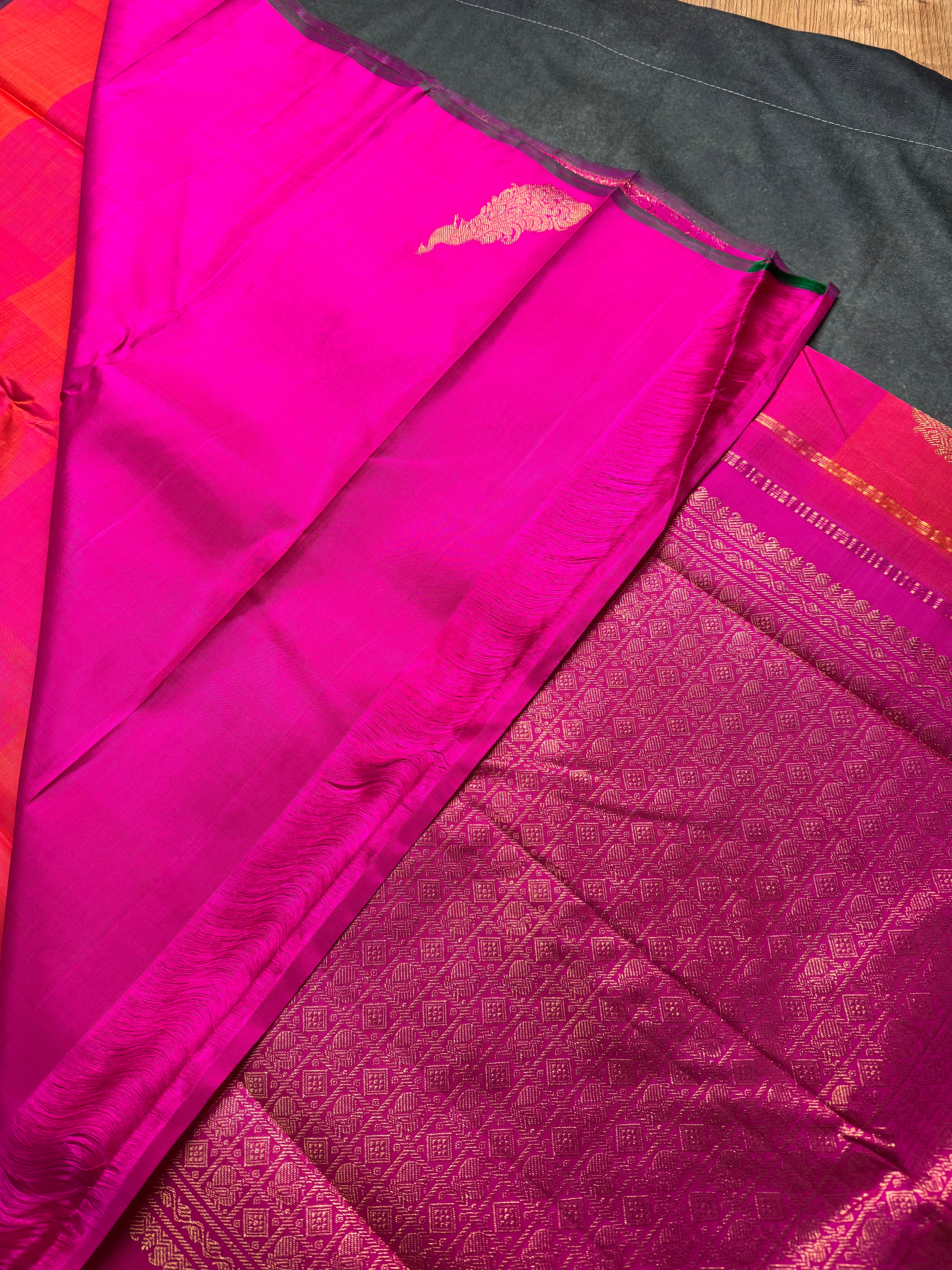 Pink and coral checks Kanchipuram silk saree