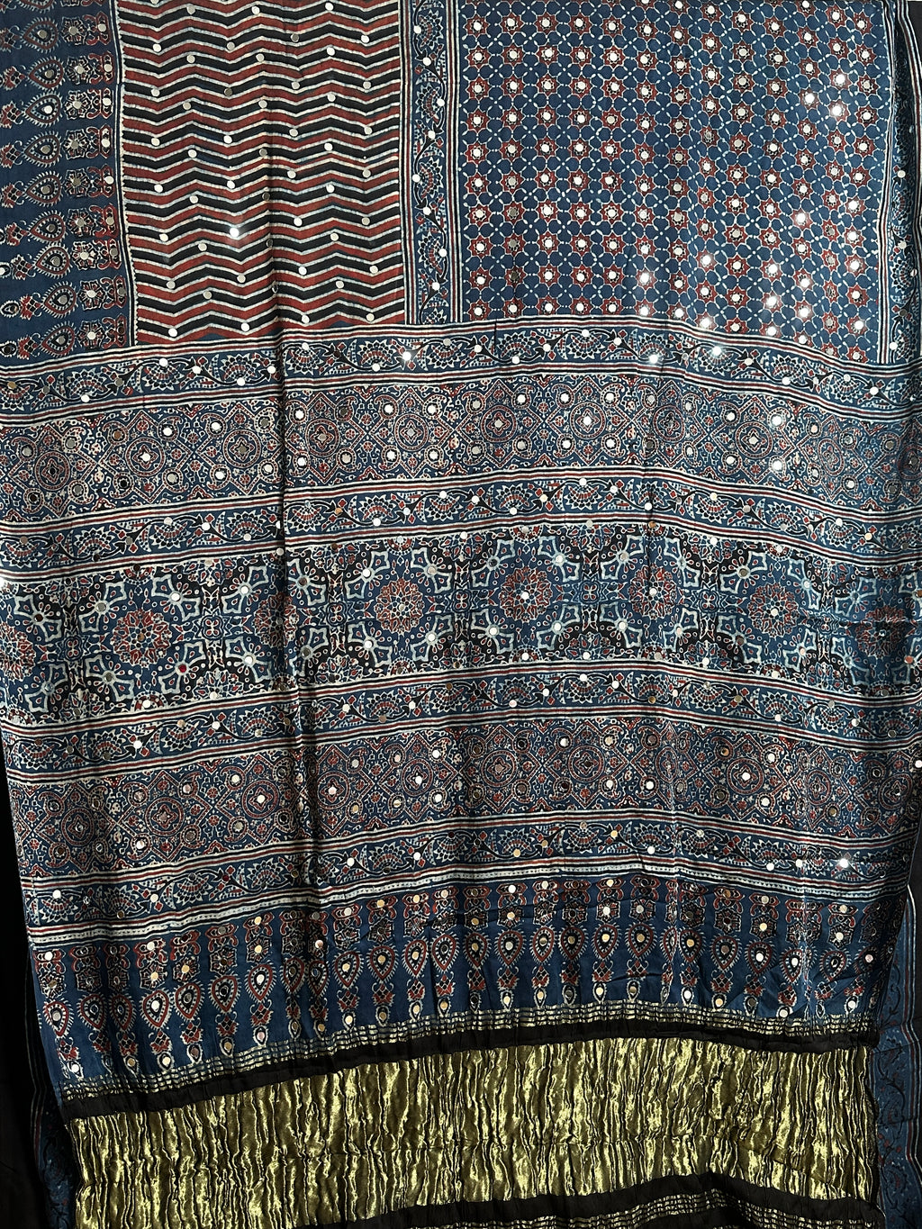 Blue and black hand block printed modal silk saree