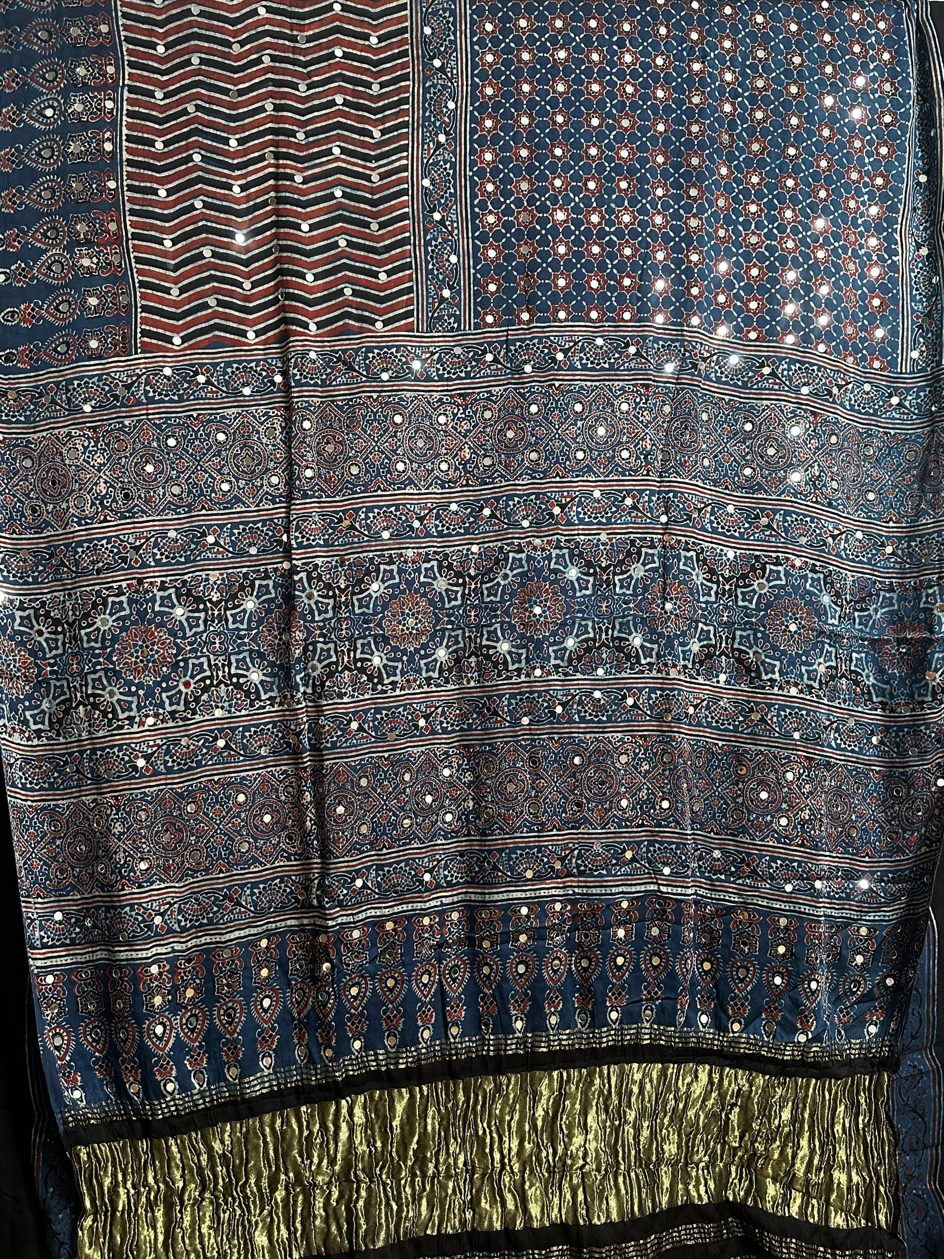 Blue and black hand block printed modal silk saree
