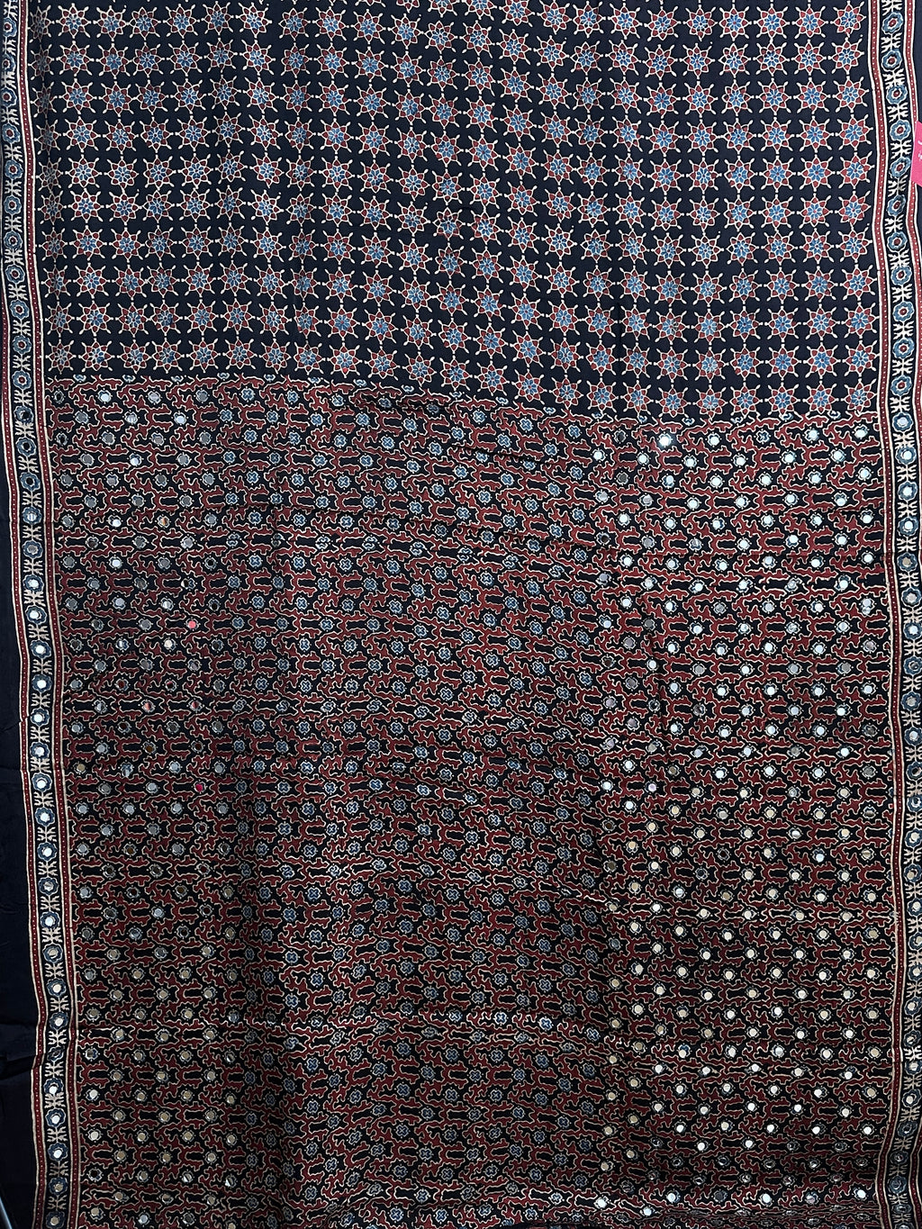 Black hand block printed modal silk mirror work saree