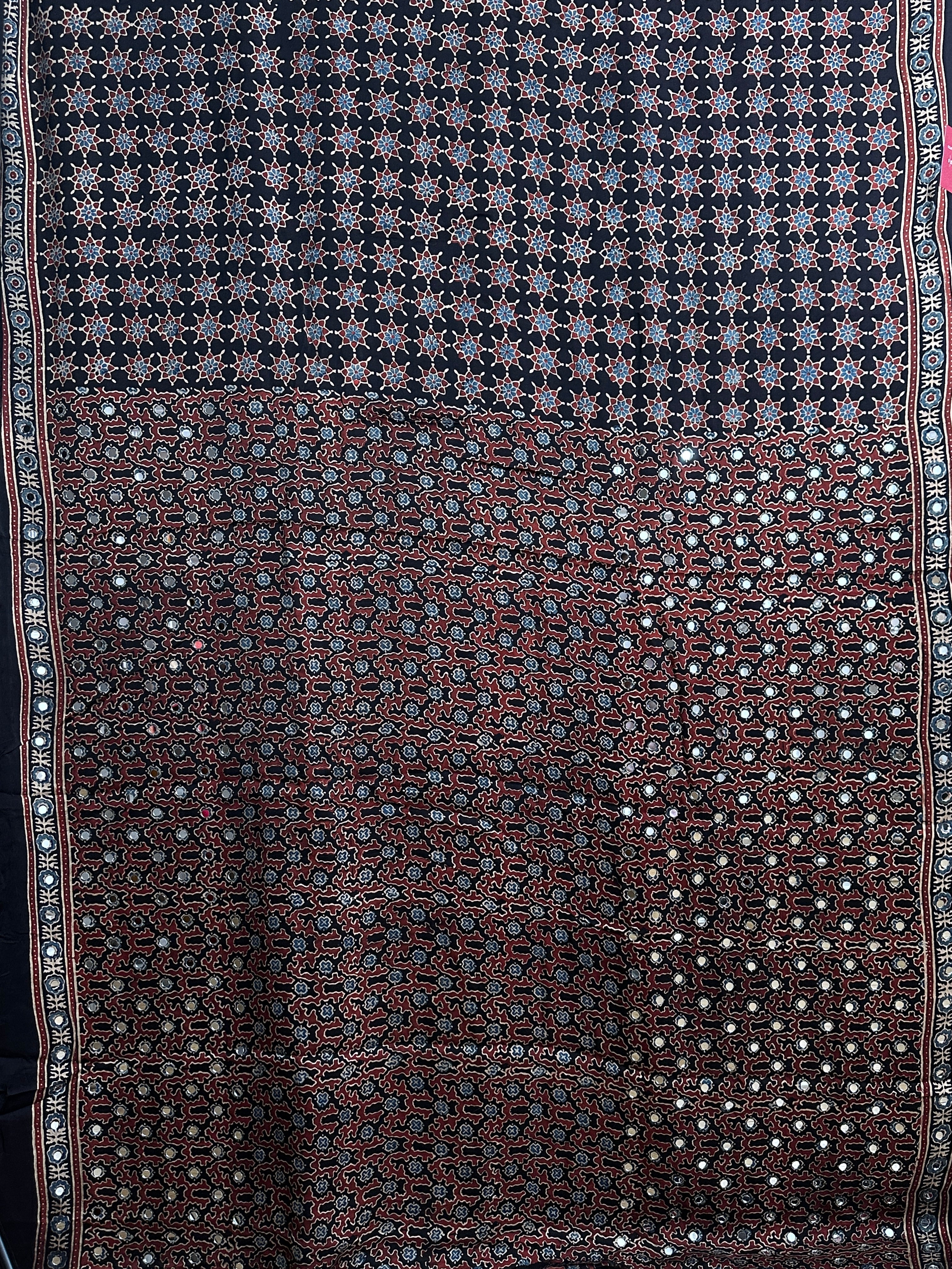 Black hand block printed modal silk mirror work saree