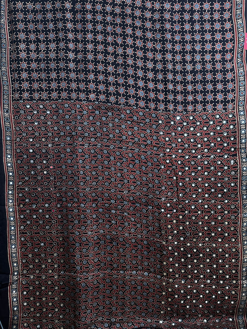 Black hand block printed modal silk mirror work saree