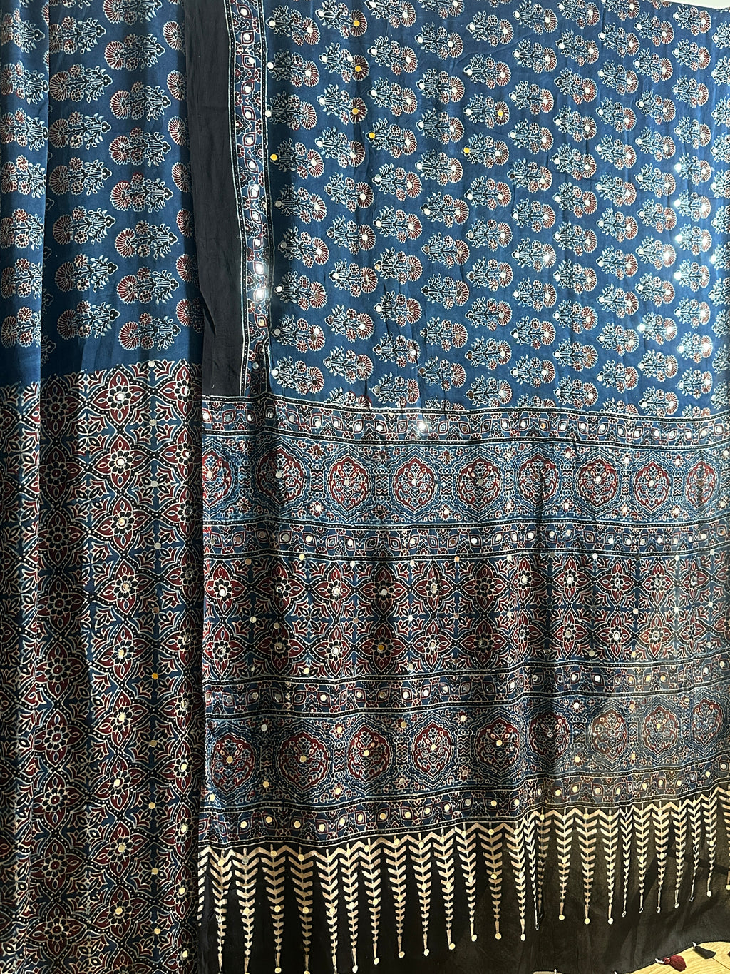 Ajrak Hand Block Print Modal Silk Saree with Mirror Work Indigo Blue