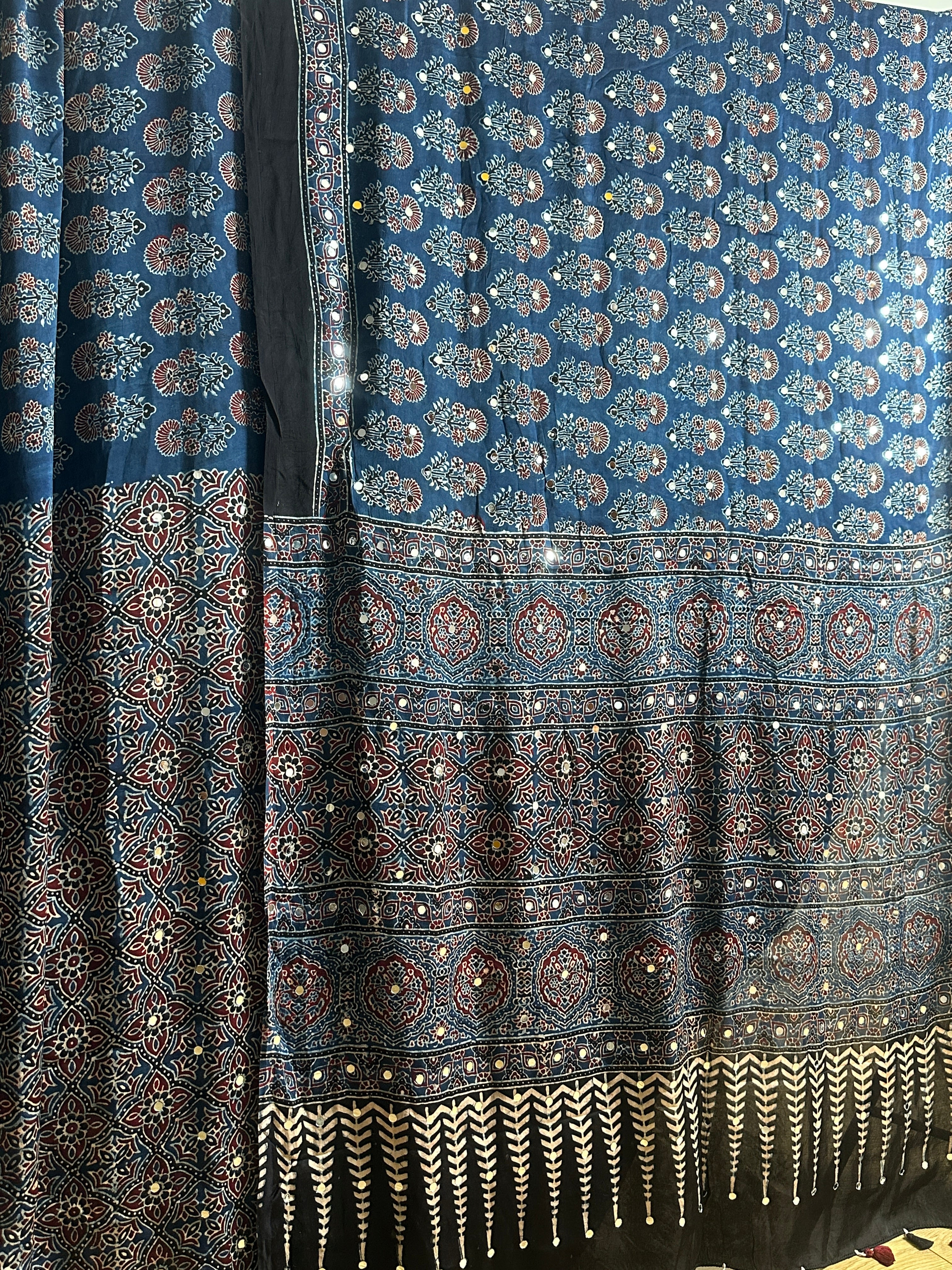Ajrak Hand Block Print Modal Silk Saree with Mirror Work Indigo Blue
