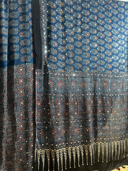 Ajrak Hand Block Print Modal Silk Saree with Mirror Work Indigo Blue