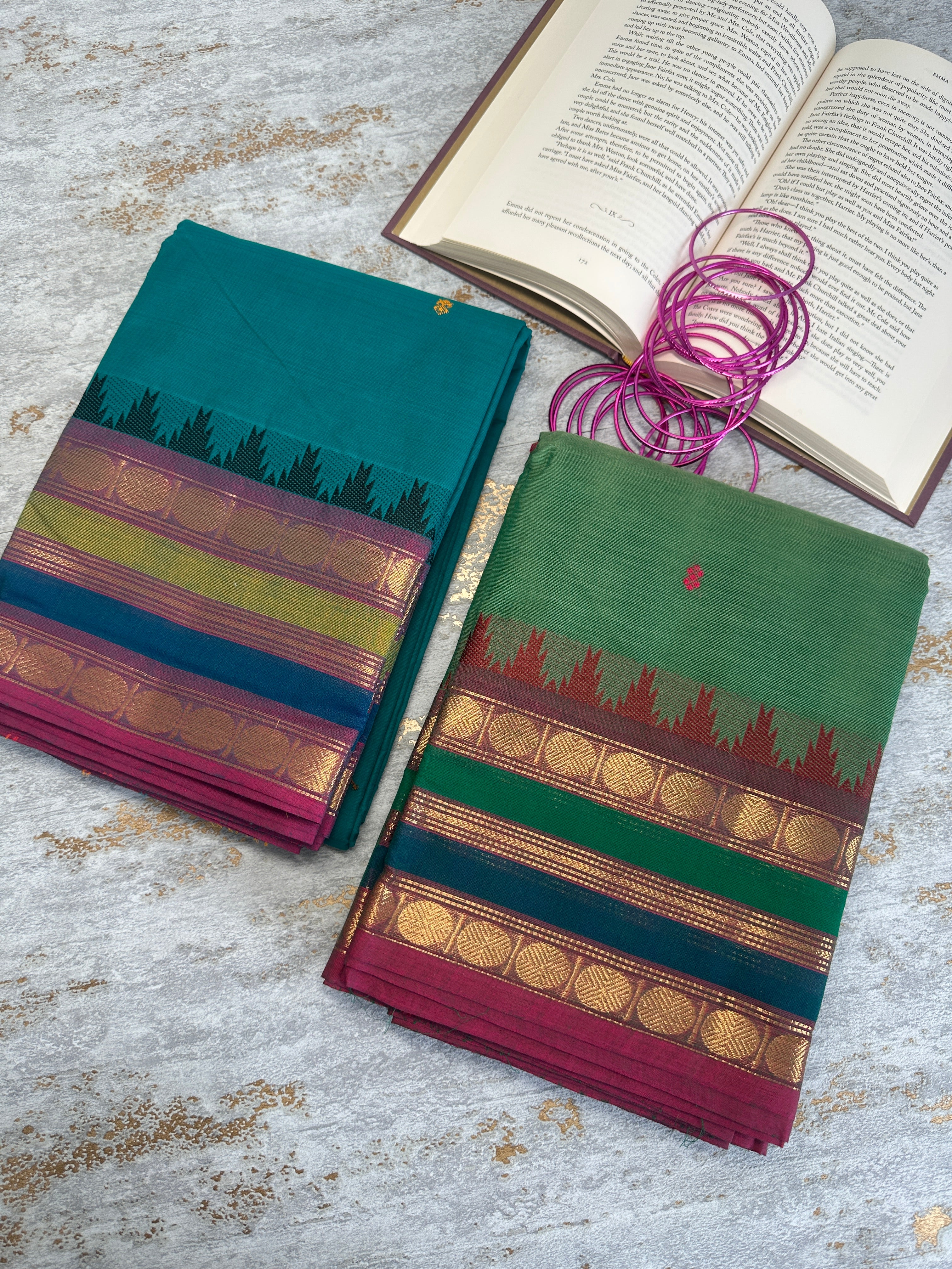 Teal green Kanchi cotton saree