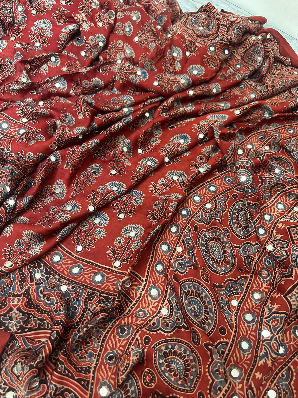 Ajrak mirror work modal silk saree