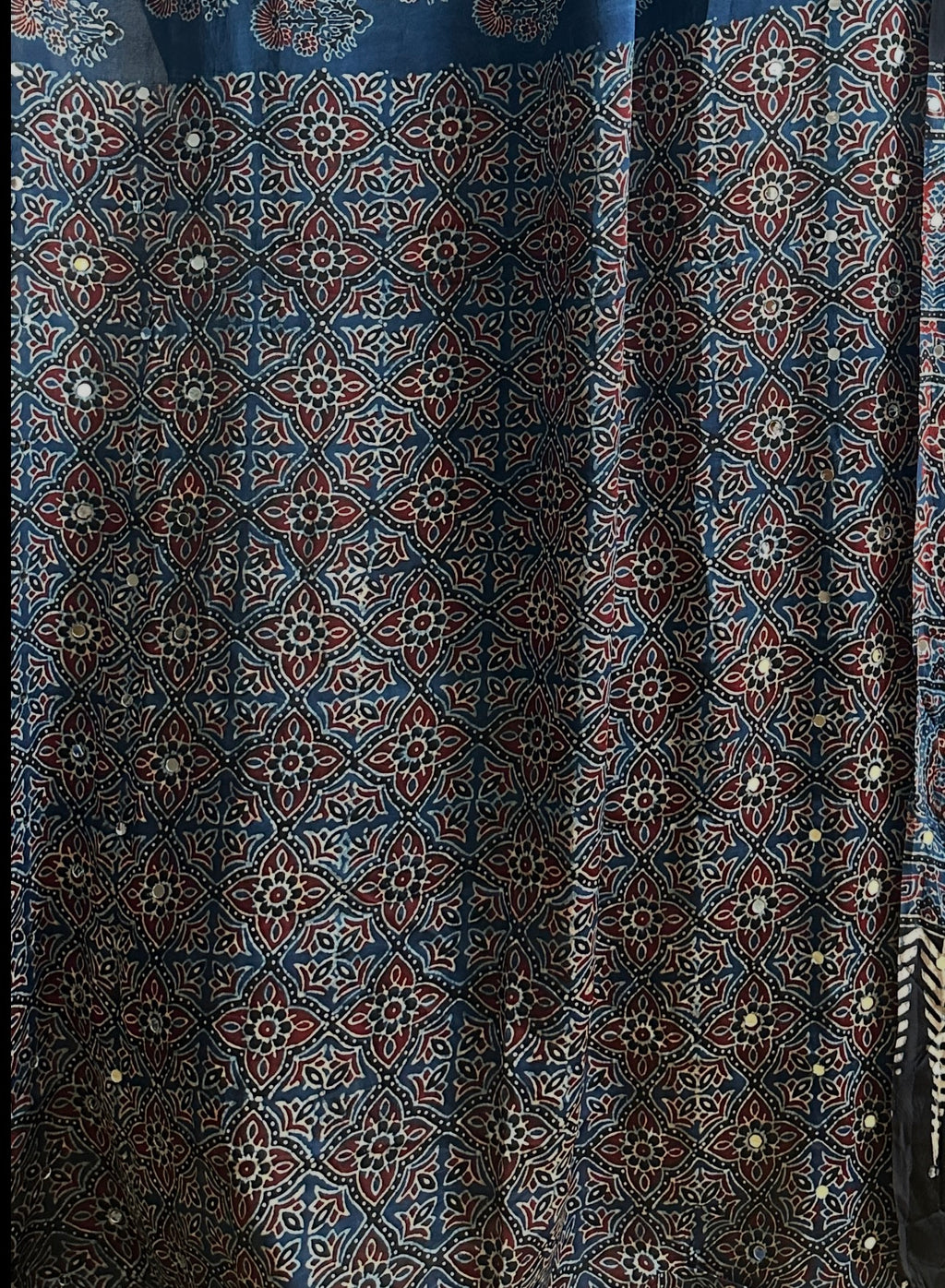 Ajrak Hand Block Print Modal Silk Saree with Mirror Work Indigo Blue