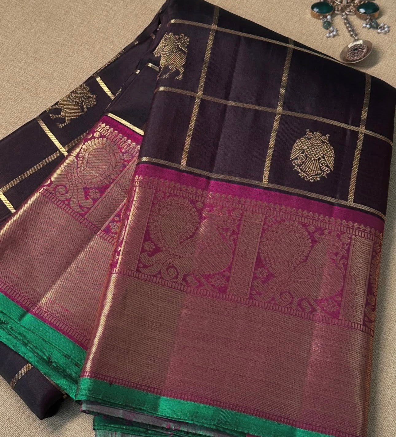Dark brown Kanchipuram silk saree