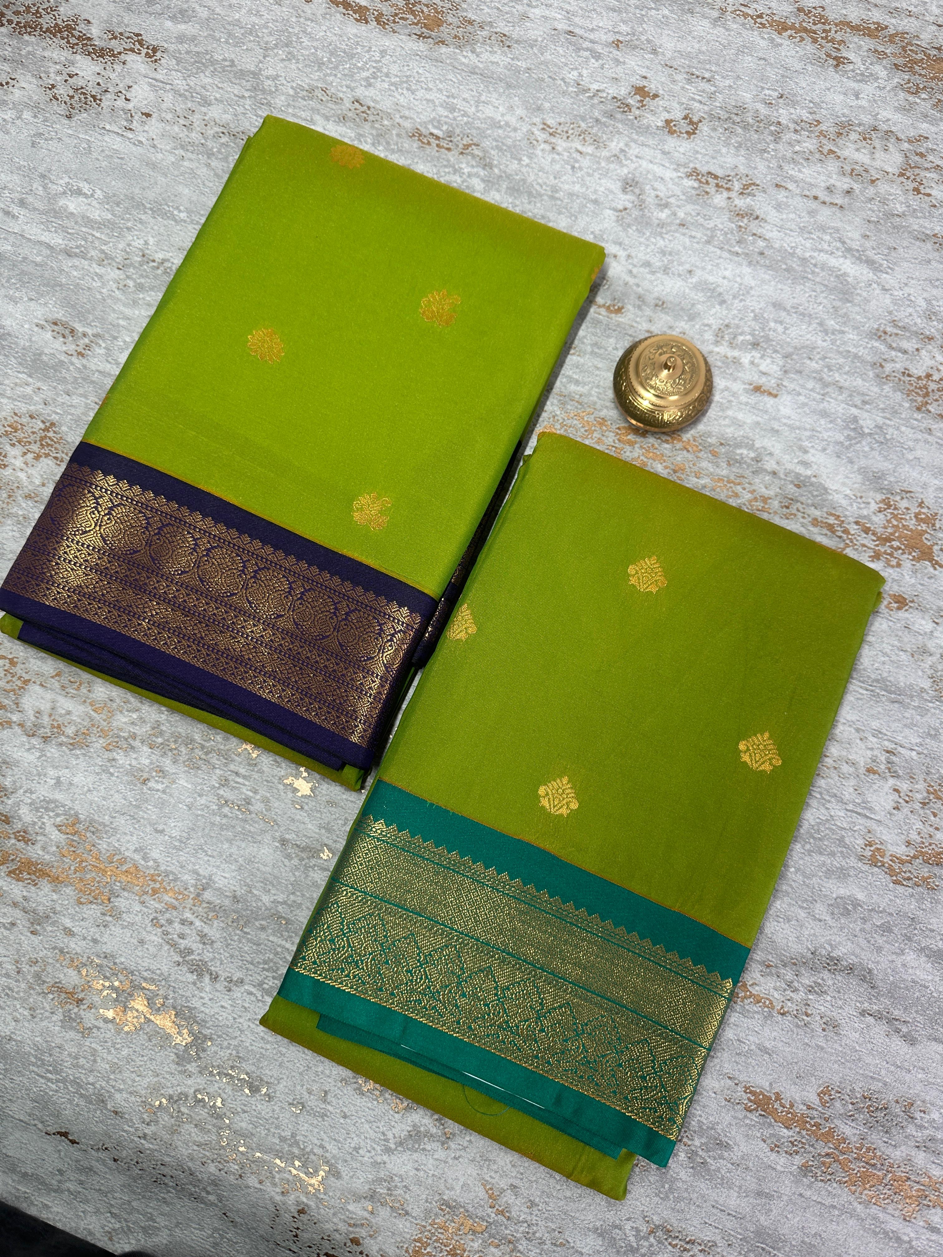 Parrot green semi soft saree with sea green borders