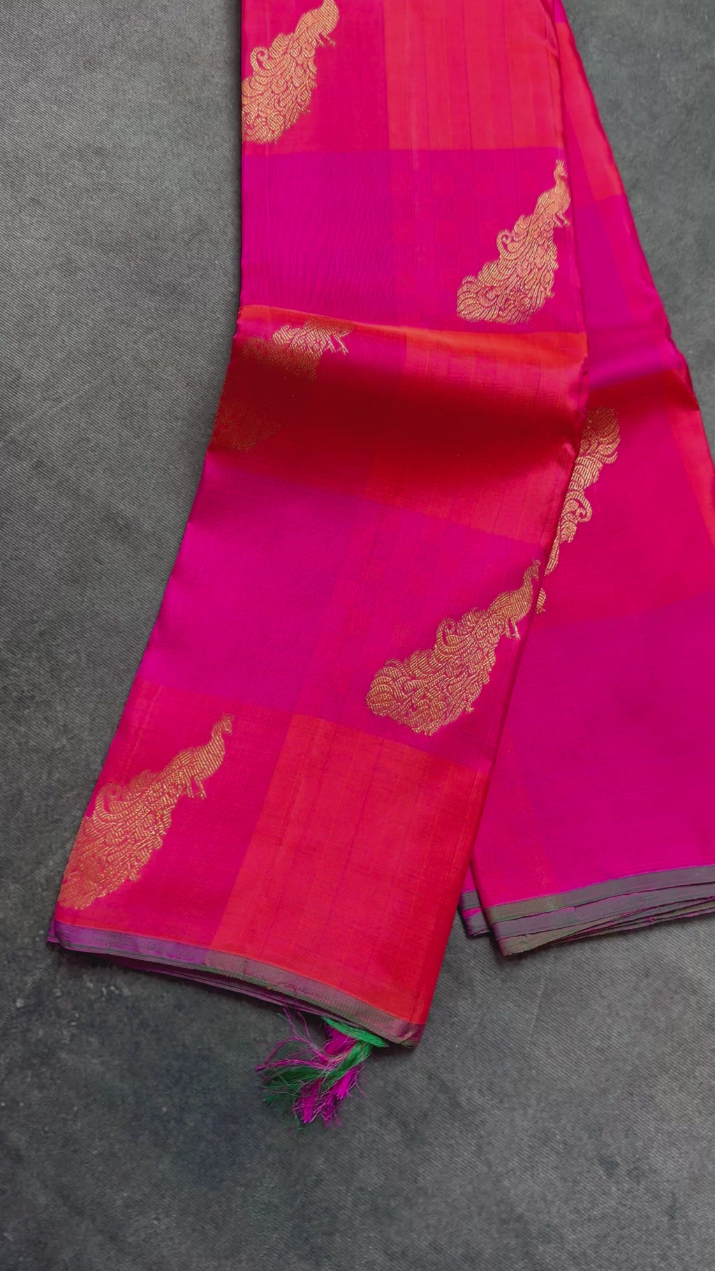 Pink and coral checks Kanchipuram silk saree