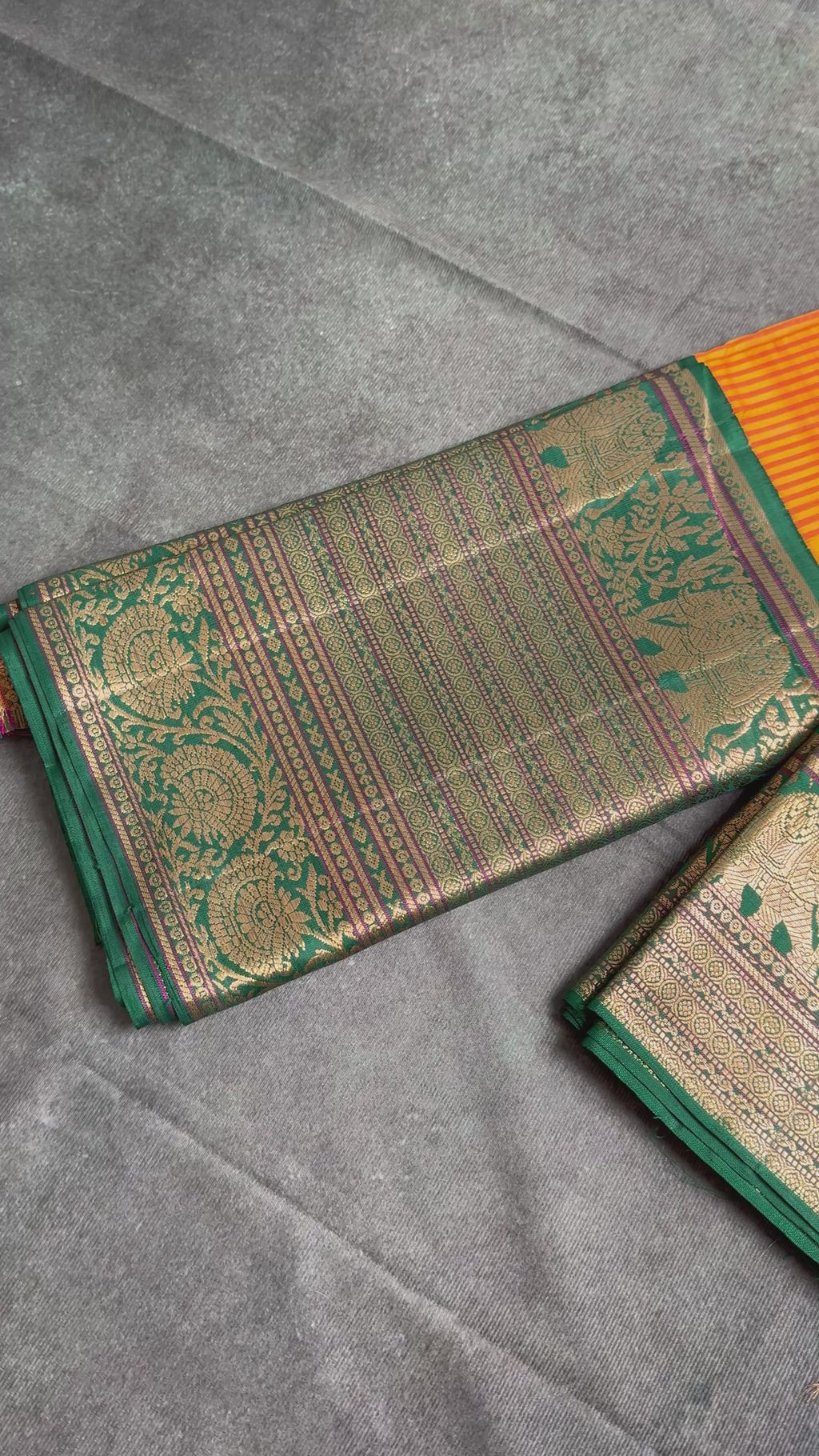 Pure Mulberry Silk Saree – Mampazham (mango) Yellow & Karun Pachai (Dark Green)